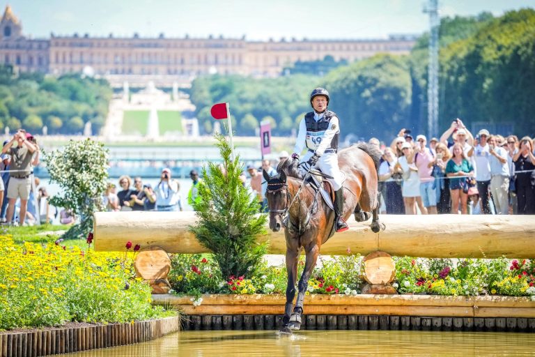 Michael Jung, gekleidet in weißer Wettkampfkleidung mit Schutzweste und der Startnummer 49, reitet auf einem braunen Pferd über ein Wasserhindernis während der Geländestrecke bei den Olympischen Spielen in Versailles. Im Hintergrund stehen zahlreiche Zuschauer und fotografieren das Geschehen, hinter ihnen befindet sich ein großer Park mit einem prächtigen Schloss. Die Szene wird geprägt von sommerlichem Wetter und blühenden Blumen.