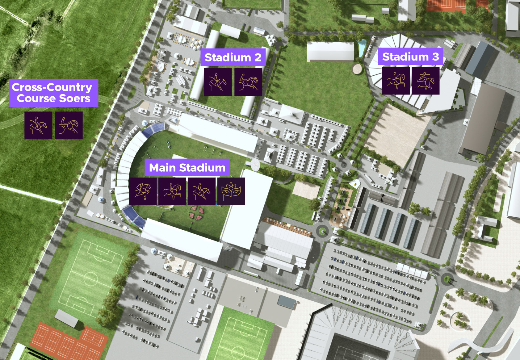 Map of the showgrounds with discipline icons showing where which disciplines take place. Main Stadium: Show jumping, Dressage, Eventing, Side Events; Stadium 2: Eventing, Driving; Stadium 3: Dressage, Vaulting; Cross-Country Course Soers: Eventing, Driving