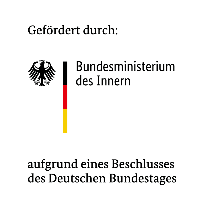 Official sponsorship logo with federal eagle, lettering "Sponsored by: Federal Ministry of the Interior" and a black, red and gold bar. Underneath it says: ‘Based on a resolution of the German Bundestag’.