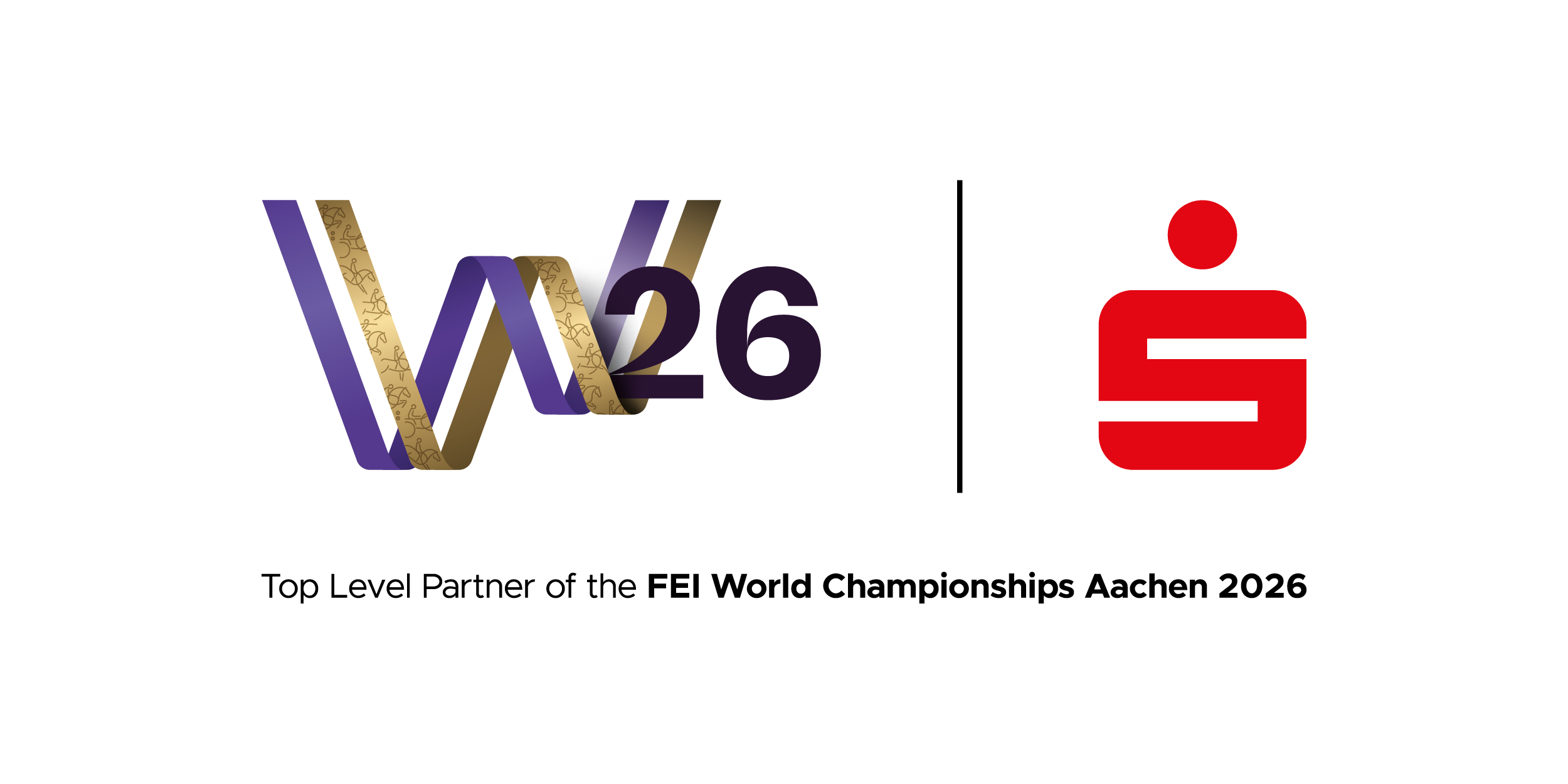 Collaboration graphic featuring the ‘W26’ logo of the FEI World Championships Aachen 2026 on the left and the red Sparkasse logo on the right; beneath it reads ‘Top Level Partner of the FEI World Championships Aachen 2026’.