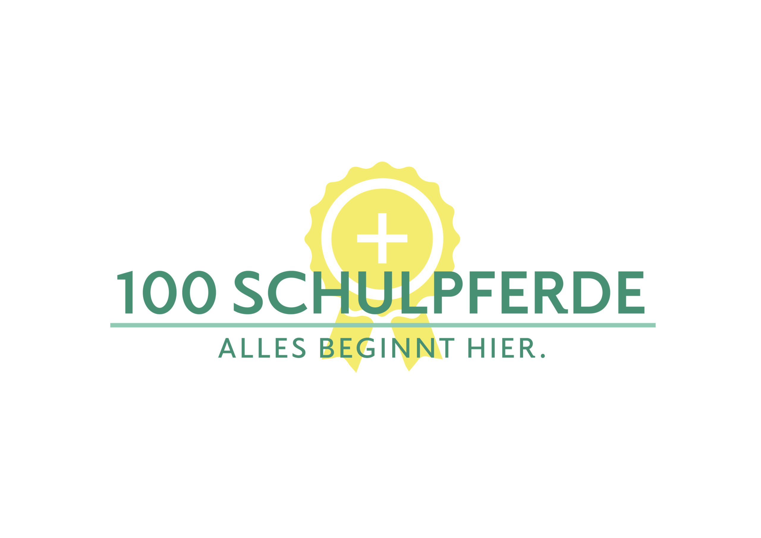 100 Schulpferde plus Logo mit einer gelben Siegerschleife und dem Slogan: Alles beginnt hier.