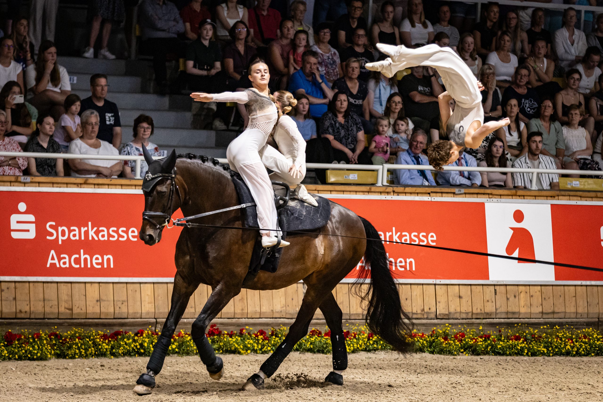 Three female vaulters in white outfits perform a routine on a brown horse in an indoor arena; two are standing and kneeling on the cantering horse while another athlete in the background is captured mid backflip in the air, with spectators and a red “Sparkasse Aachen” banner along the arena wall.