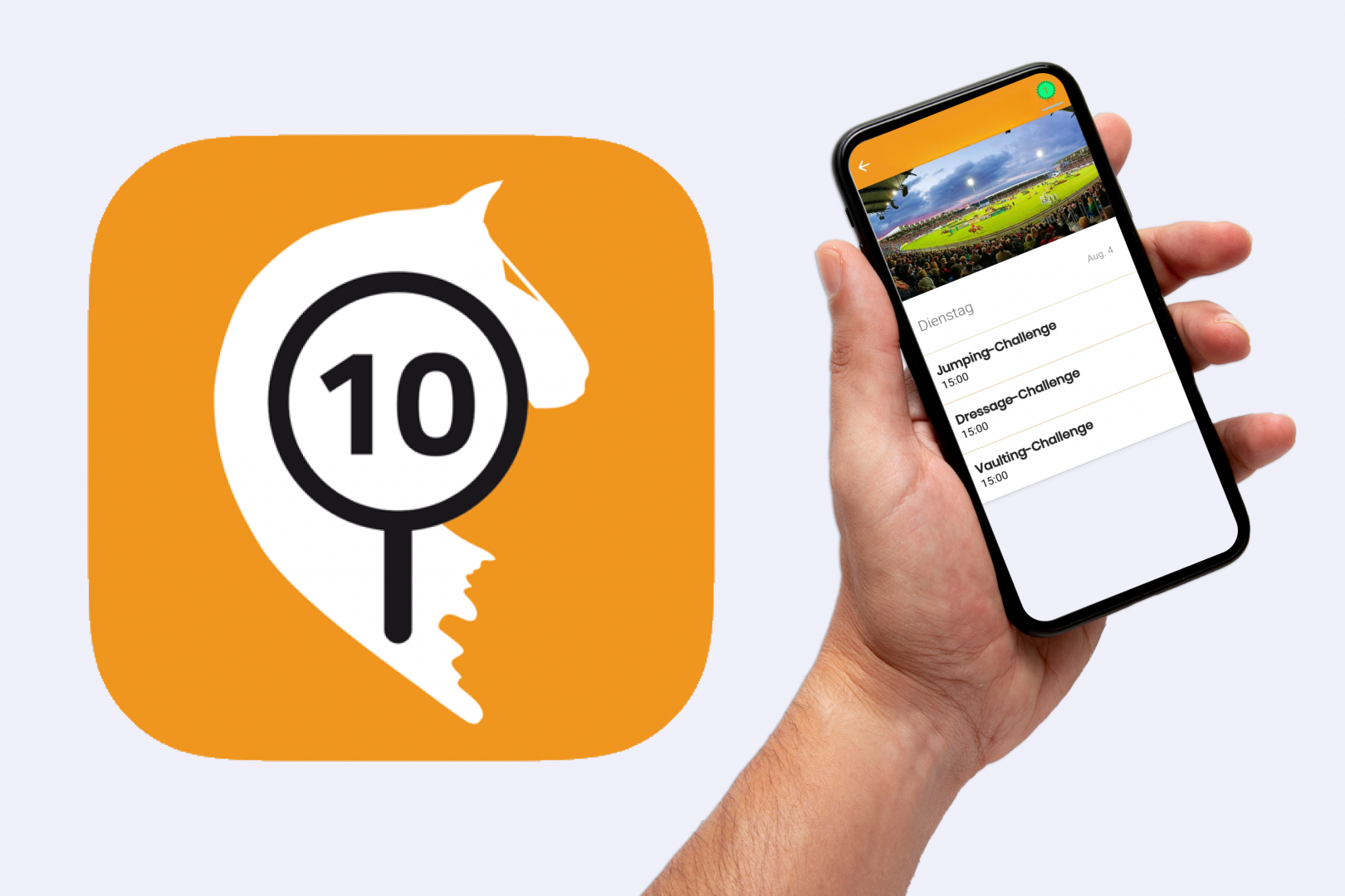 Links ist ein orangefarbenes App-Icon mit einem weißen Pferdekopf und einer schwarzen Wertungs-Tafel „10“, rechts hält eine Hand ein Smartphone, auf dem ein Eventplan mit „Jumping-Challenge“, „Dressage-Challenge“ und „Vaulting-Challenge“ zu sehen ist.
