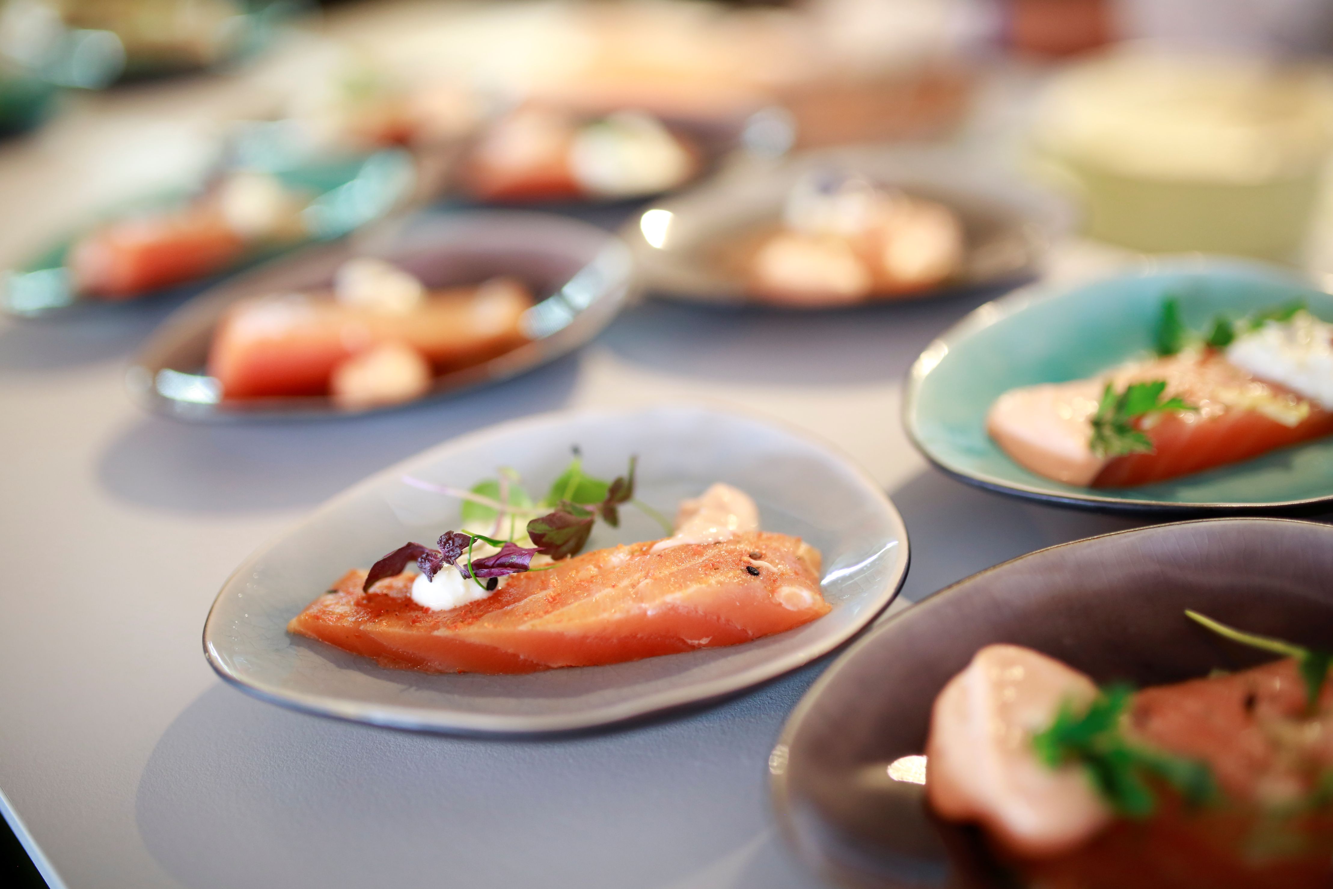 Mehrere kleine Teller mit angerichteten Vorspeisen stehen auf einem Tisch; im Vordergrund liegt eine Scheibe Lachs mit einem Tupfer Creme und Kräutern, im Hintergrund sind weitere Häppchen unscharf zu sehen.
