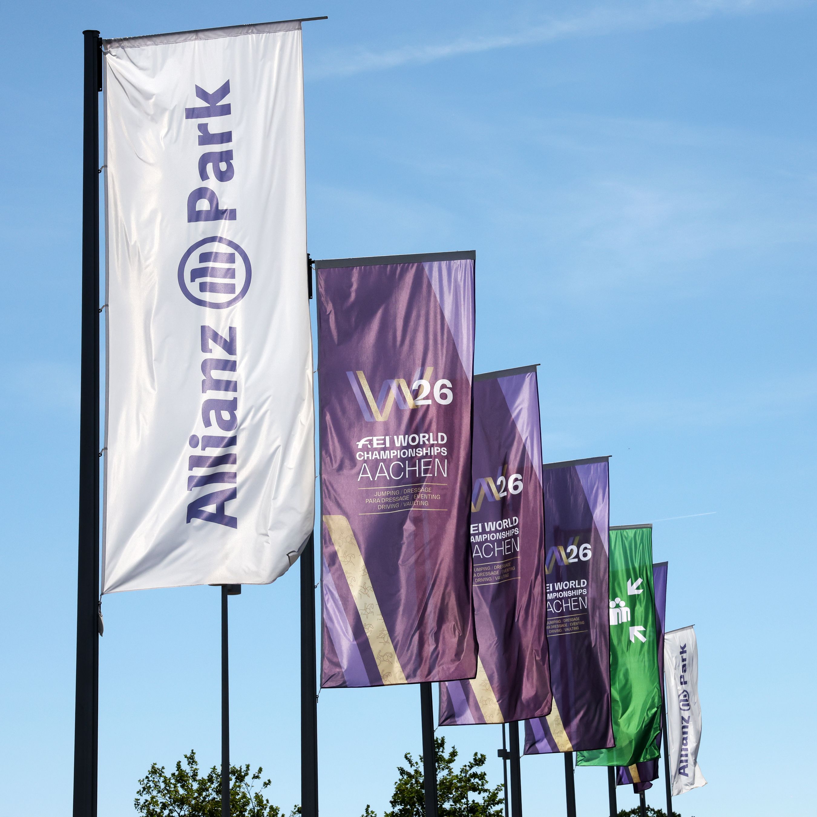 A row of flags against a blue sky: in the foreground, a large white “Allianz Park” flag; behind it, several purple flags bearing “W26” and “FEI World Championships Aachen,” as well as the disciplines of jumping, dressage, para dressage, eventing, driving, and vaulting.