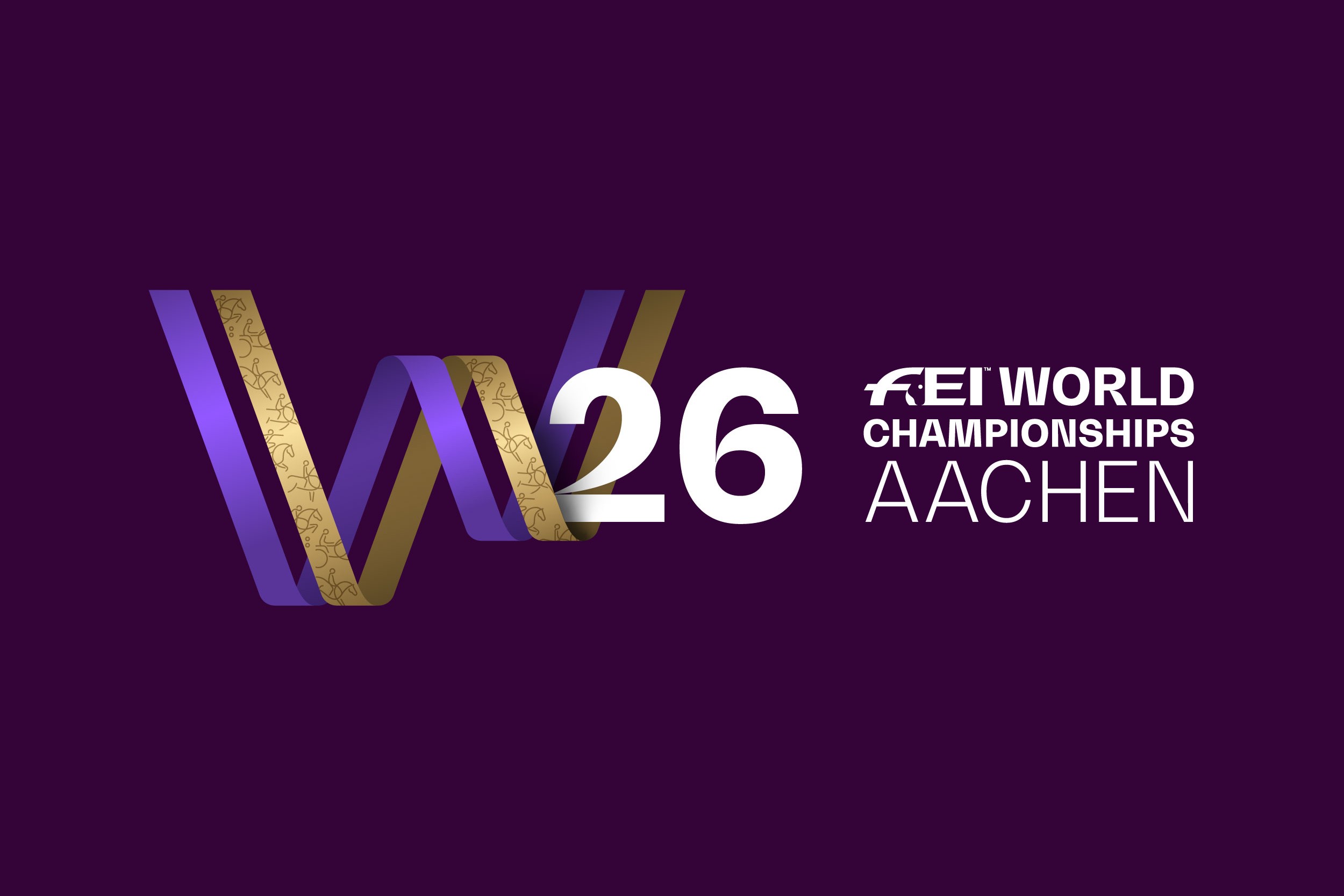 Logo of the FEI World Championships Aachen 2026 on a dark purple background. On the left is a large, stylised ‘W’ made up of a purple and gold ribbon with horse and rider icons representing the respective disciplines. To the right of this is the white number “26”. On the right is the white text: ‘FEI World Championships Aachen’.