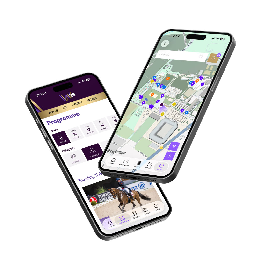 Two smartphones positioned diagonally next to each other display the WM26 app: one screen shows the programme, results and ticket navigation with an equestrian photo, whilst the other displays a colour-coded map of the competition grounds.