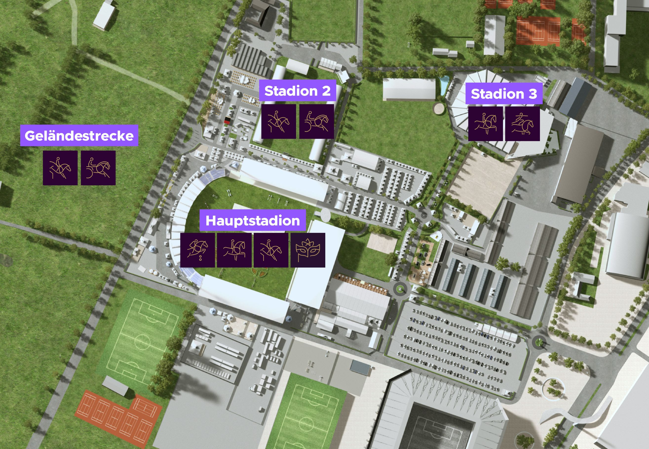 Lageplan des Veranstaltungsgeländes mit Piktogrammen der einzelnen Disziplinen, die anzeigen, wo welche Disziplinen stattfinden. Hauptstadion: Springen, Dressur, Vielseitigkeit, Rahmenprogramm; Stadion 2: Vielseitigkeit, Fahren; Stadion 3: Dressur, Voltigieren; Geländestrecke Soers: Vielseitigkeit, Fahren