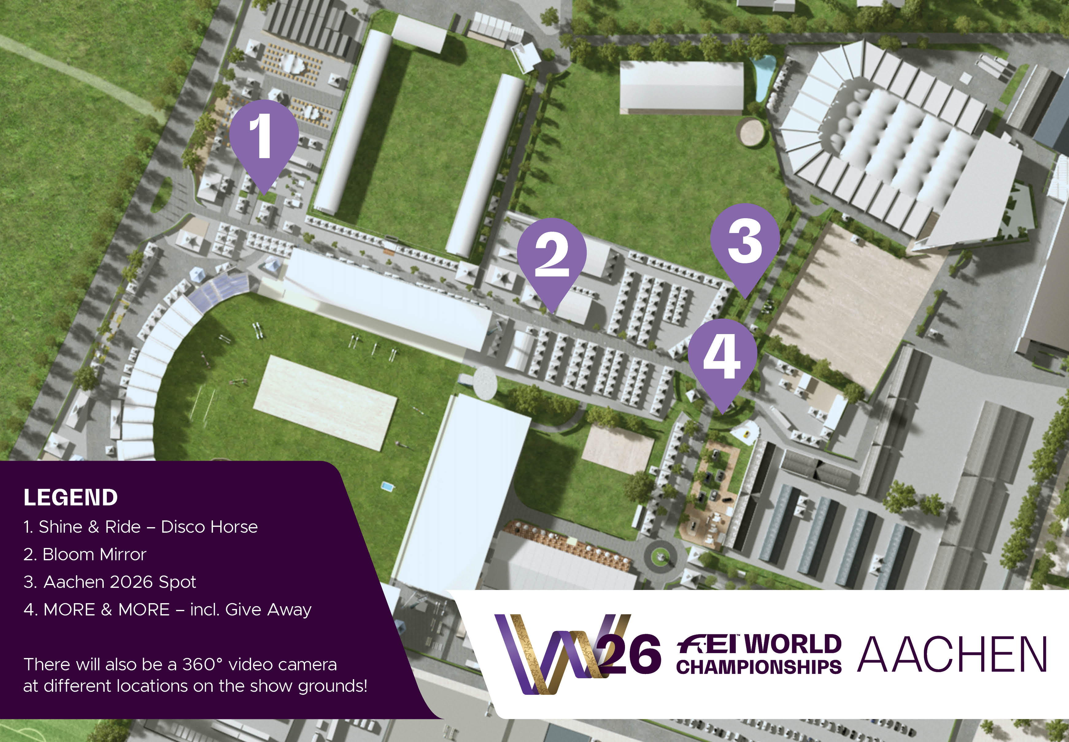 Site map of the show grounds with four marked selfie spots (pins 1–4) and a legend: “Shine & Ride – Disco Horse,” “Bloom Mirror,” “Aachen 2026 Spot,” and “MORE & MORE – incl. Give Away.” The “W26 FEI World Championships Aachen” logo appears at the bottom.